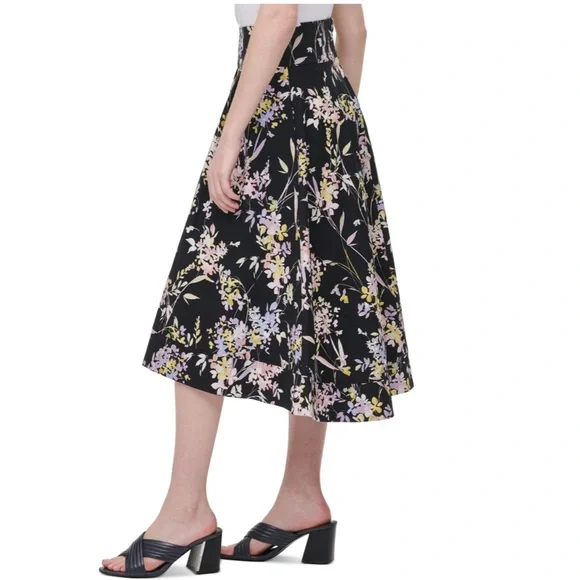 CALVIN KLEIN WOMEN’S BLACK FLORAL BELOW THE KNEE A-LINE SKIRT 12 - Picture 2 of 5